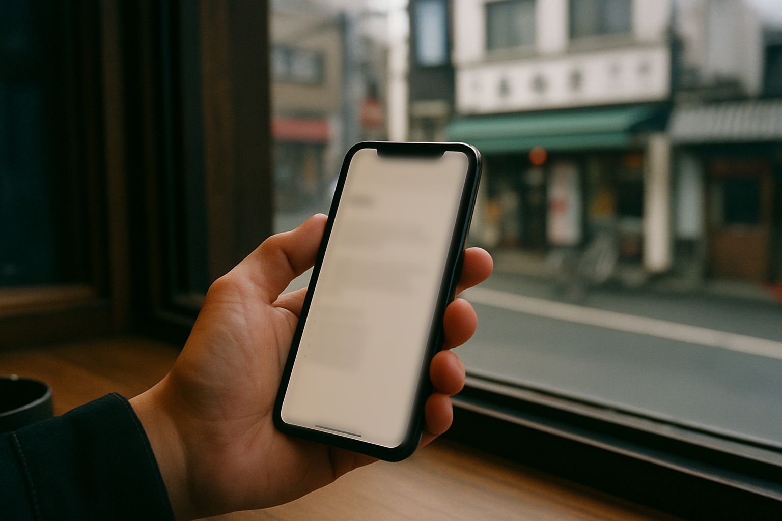 店の窓際でスマートフォンを見ている手元