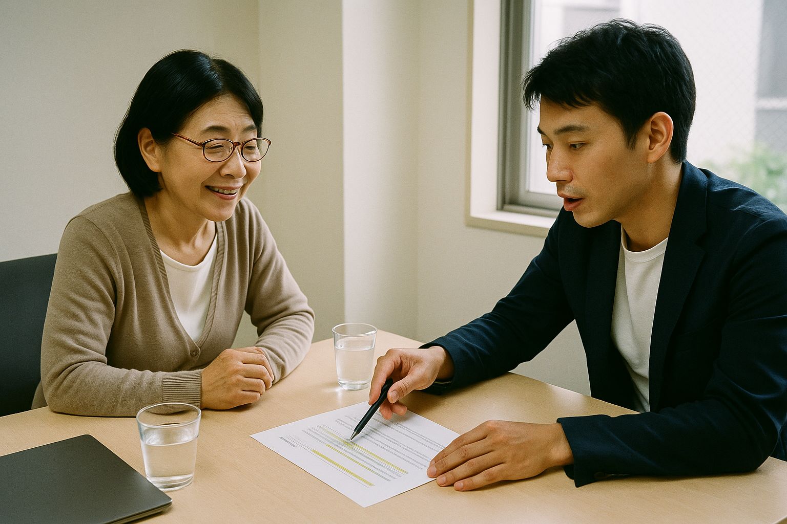 打ち合わせでレポートを指しながら説明している担当者と、話を聞く経営者