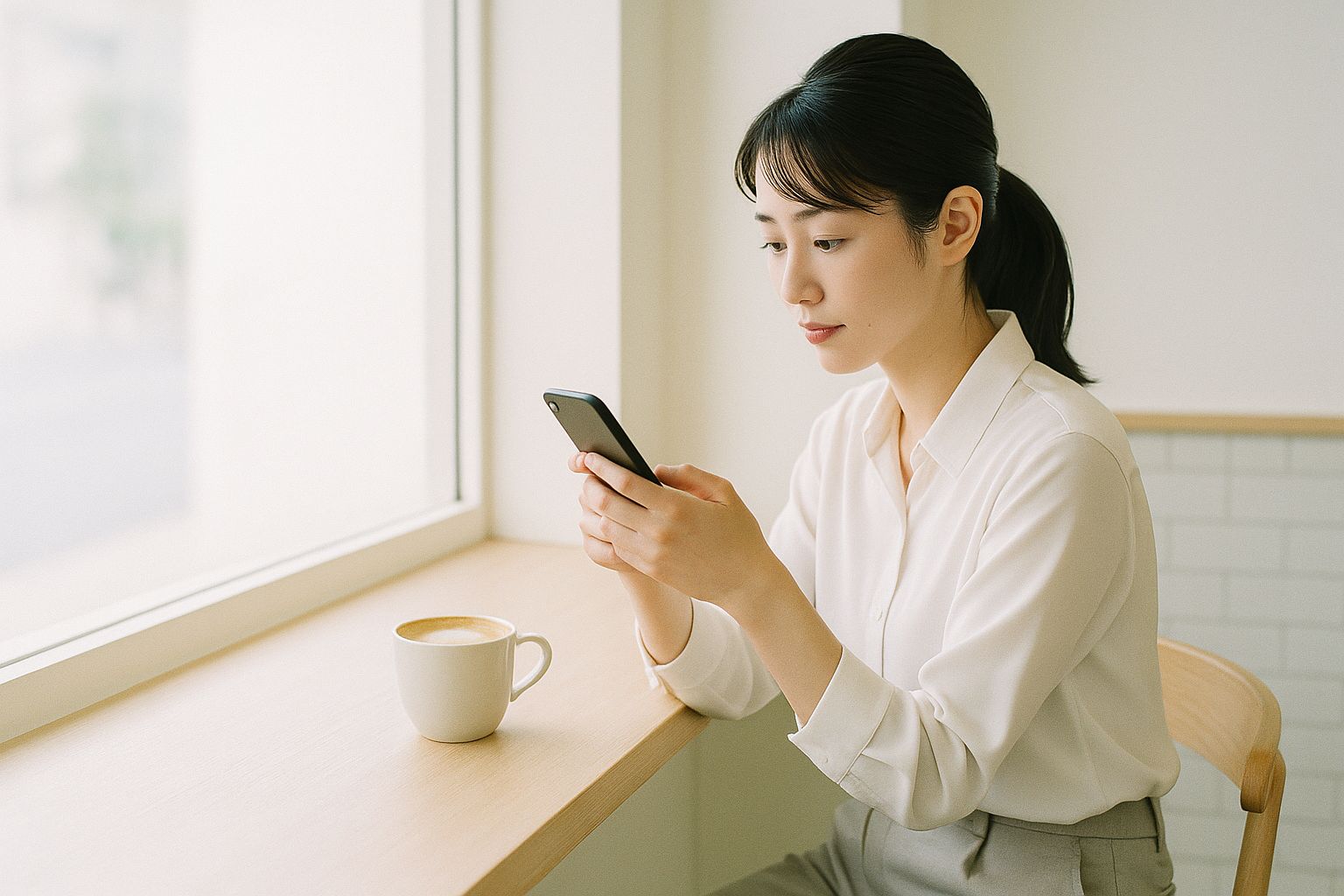 カフェの窓際でスマートフォンを見ている女性
